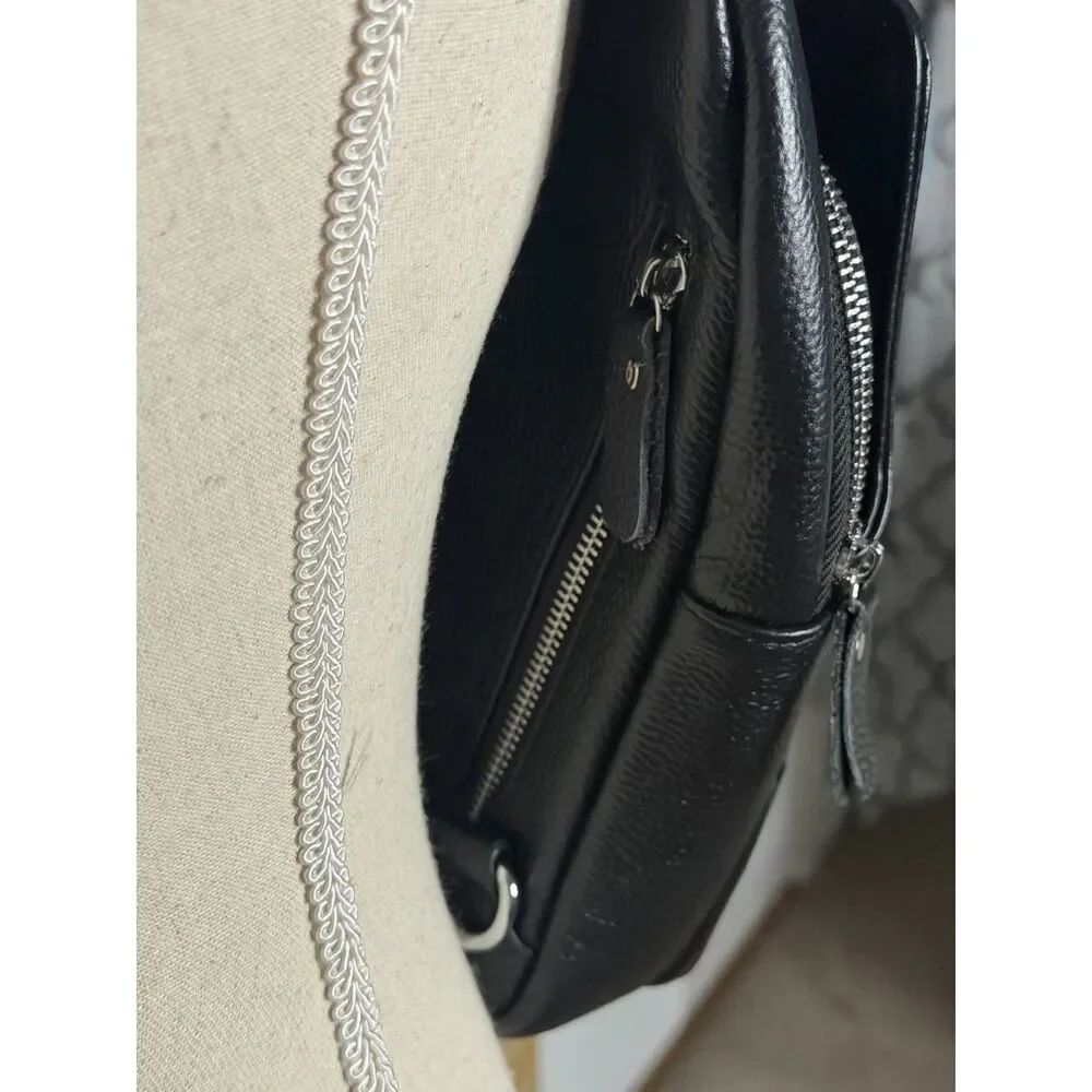 DK86 black leather travel everyday use sling bag
